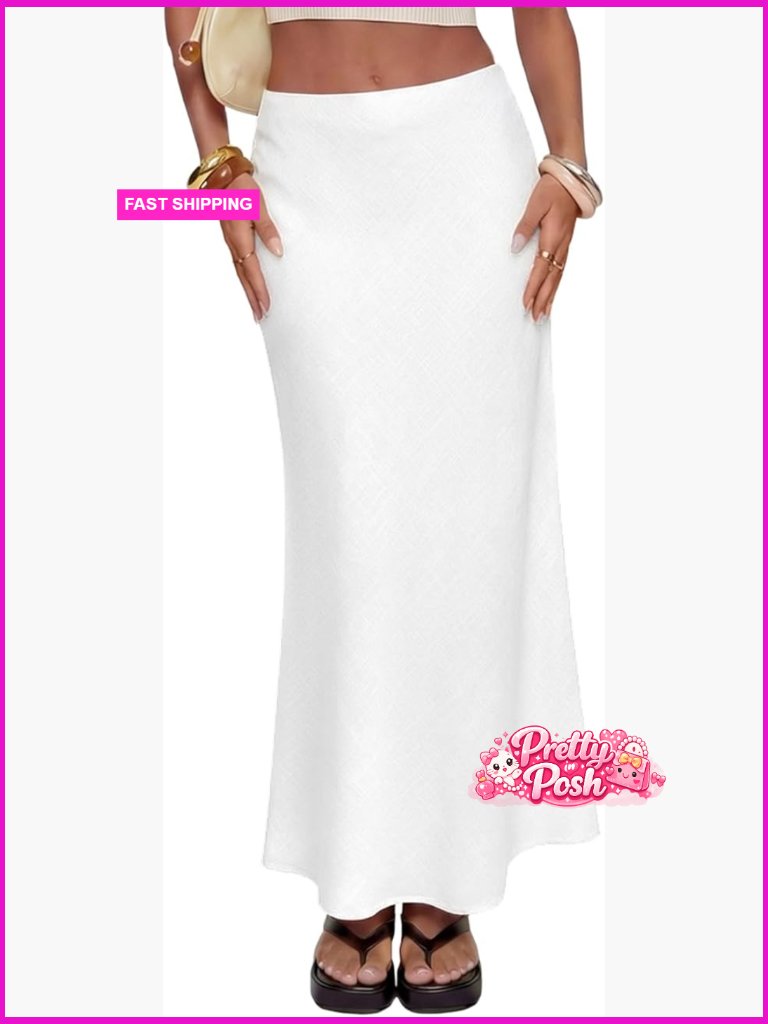 Elastic High Waisted Linen Maxi Skirt With Lining Flowy A-Line Summer